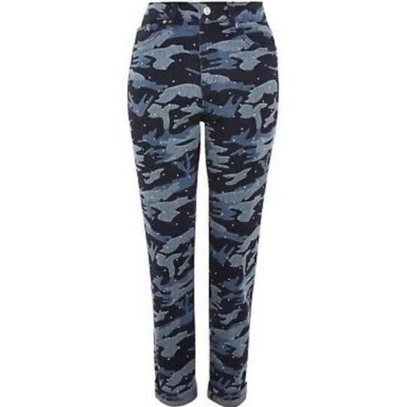 Topshop NEW Moto Mom Jeans High Waisted Jewel Studs Camo Diamante Denim Women's - Picture 7 of 17